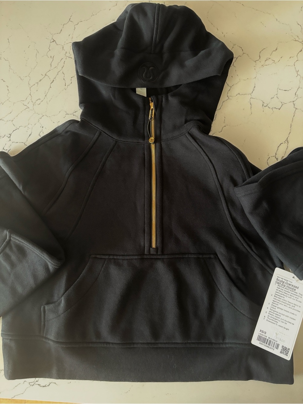 Lululemon Scuba Oversized Half‑Zip Waist Length Hoodie Black/Gold XS/S NWT 🔥